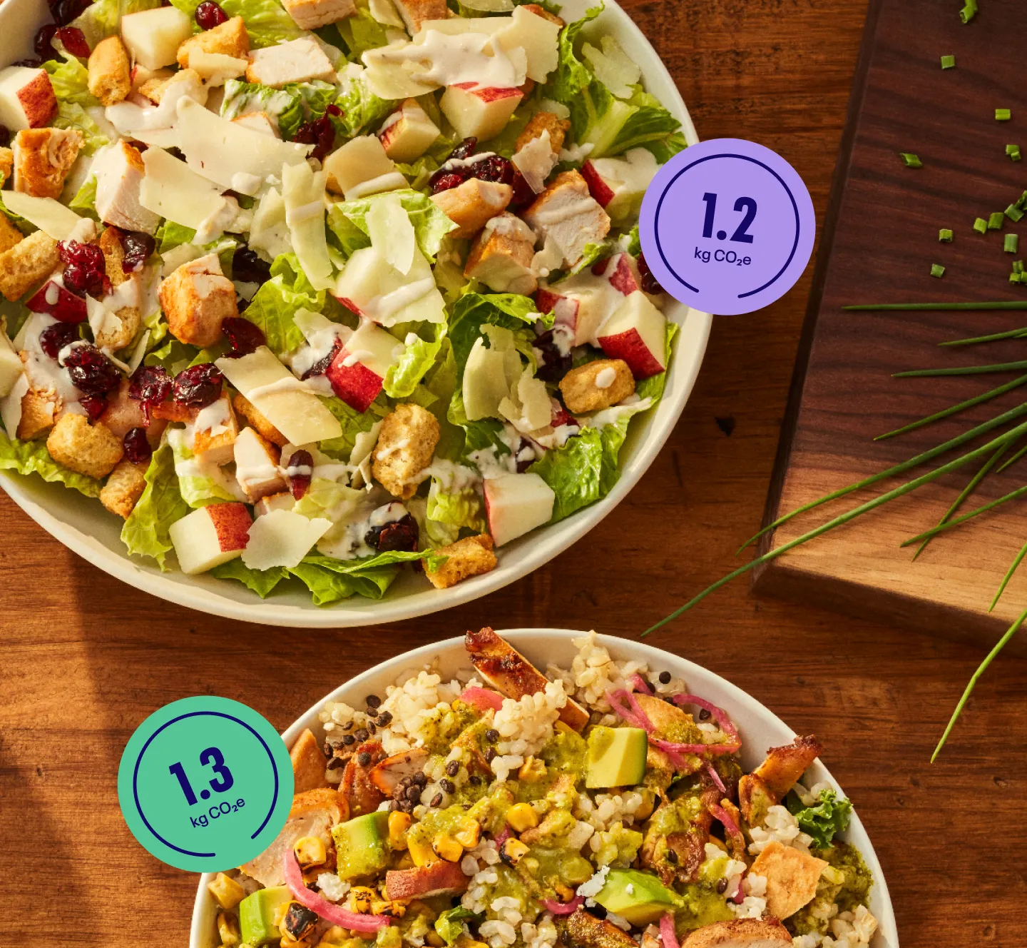 Two salads on a wood table with kg CO2e stats overlaid