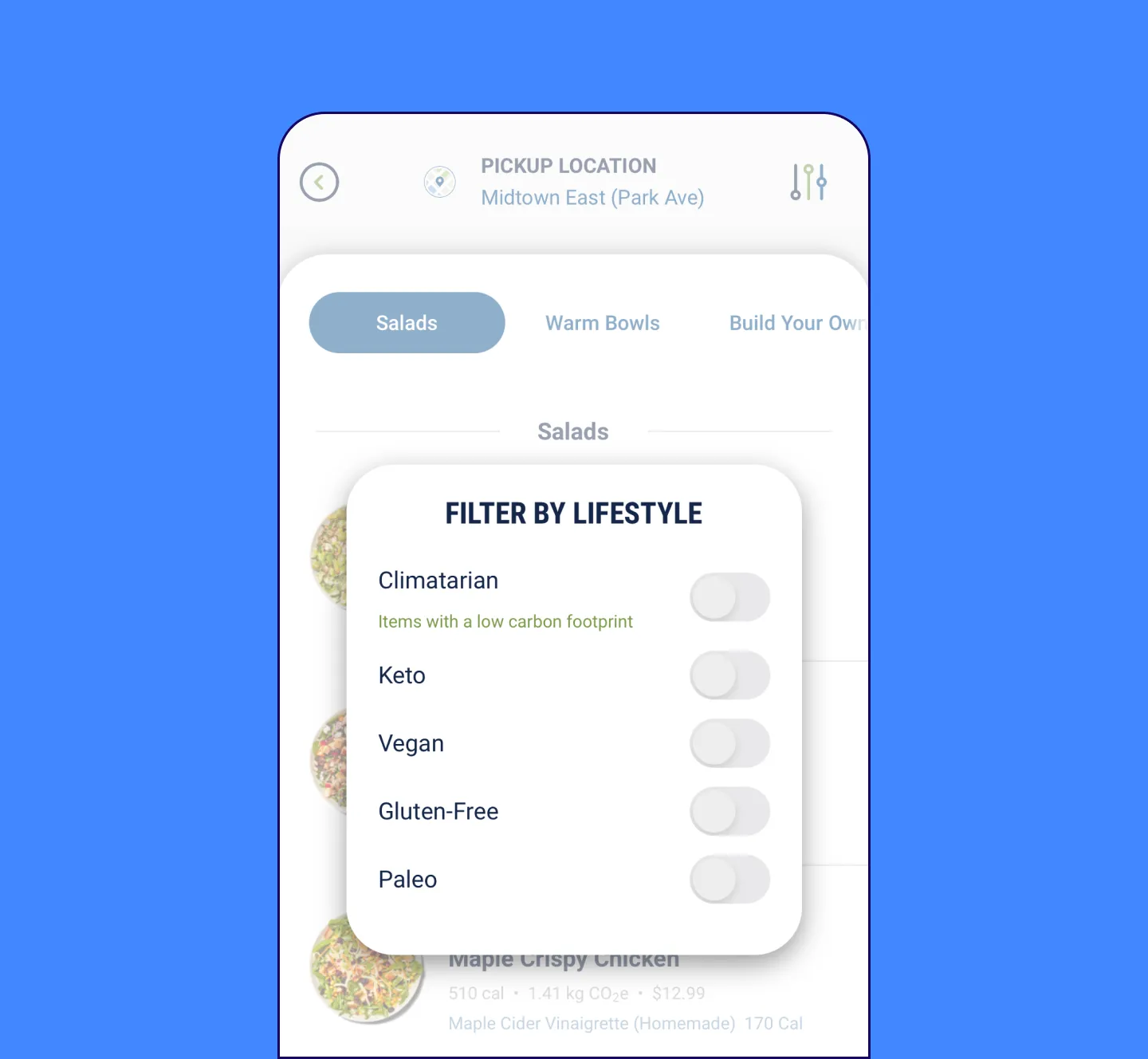 Screenshot of the Just Salad app where you can filter by lifestyle