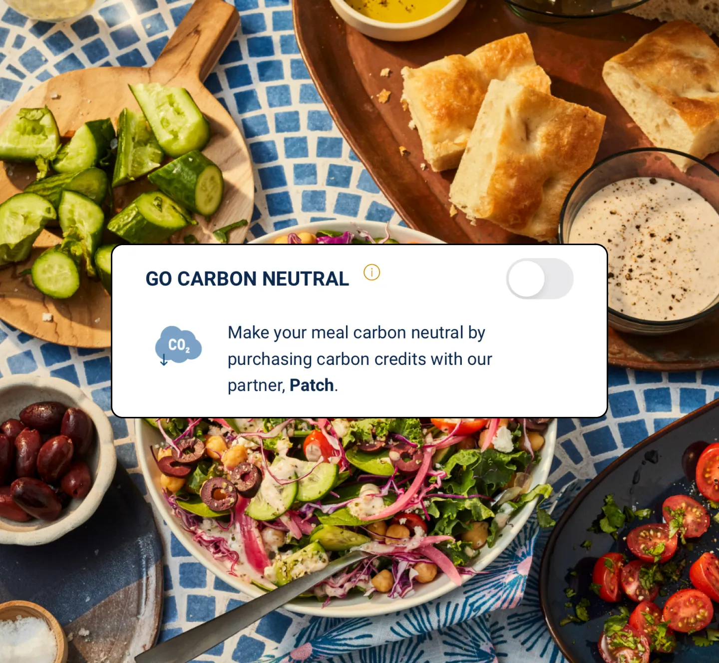 Go Carbon Neutral - Make your meal carbon neutral by purchasing carbon credits with our partner, Patch.