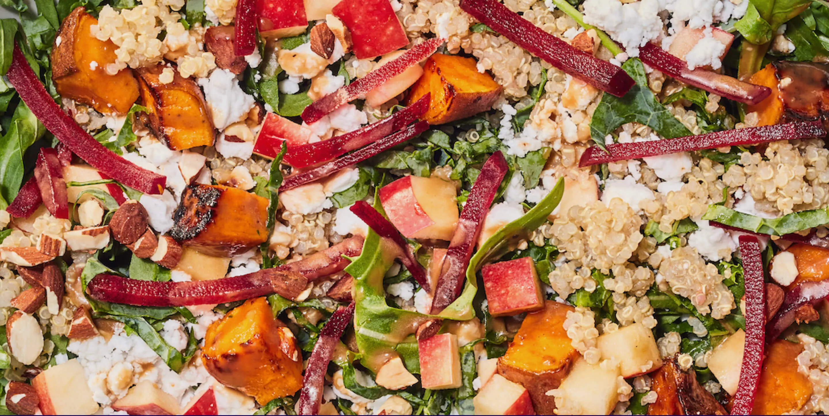 detail photograph of a salad with sweet potato, beat, quinoa, apple and cheese